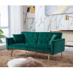Velvet Futon Sofa Bed with 5 Golden Metal Legs Sleeper Sofa Couch with Two Pillows Convertible Loveseat for Living Room and Bedroom Green