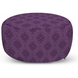 Lunarable Purple Ottoman Pouf Monochrome Boho Illustration Oriental Ornaments Continuous Repetition Decorative Soft Foot Rest with Removable Cover Living Room and Bedroom Eggplant Plum