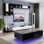 Coffee Table with LED Lights High Gloss Coffee Side Sofa Table Black Modern Glossy Living Room Storage Table with Drawer 37.4 x 23.6 x 12.4in US Plug 110V