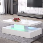 IKIFLY Modern High Glossy White Coffee Table with 16 Colors LED Lights Contemporary Rectangle Design Living Room Furniture 2 Tiers