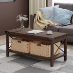 LGHM Coffee Table with Storage Wooden Coffee Table for Living Room Center Table with 2 Foldable Baskets Farmhouse Cocktail Table Brown
