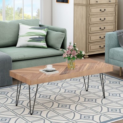 Modern Wood Coffee Table Nature Cocktail Table for Living Room Chevron Pattern & Metal Hairpin Legs Nature Rustic Rectangular Table