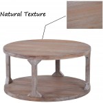 P PURLOVE Round Rustic Coffee Table Wood Storage Shelf for Living Room with Dusty Wax Coating 35.4 Inch Grey Wash