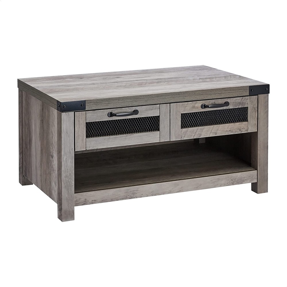 ROCKPOINT Coffee Table with Industrial Style Drawer,Grey Wash