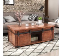 RUNNA Coffee Table with Sliding Barn Doors Rustic Industrial Sofa Side Storage Shelf and Cabinets Farmhouse Cocktail Center End Home Furniture Brown+rectangular 48.03'' L x 26.38'' W 19.09'' H