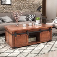 RUNNA Coffee Table with Sliding Barn Doors Rustic Industrial Sofa Side Storage Shelf and Cabinets Farmhouse Cocktail Center End Home Furniture Brown+rectangular 48.03'' L x 26.38'' W 19.09'' H