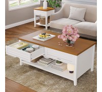 Sedeta White Coffee Table with Drawers Storage for Living Room 42" Small Coffee Table with 100% Solid Wood Legs 2 Shutter Drawers & Open Storage Shelf Dining Coffee Table White & Walnut