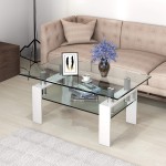Tangkula Rectangular Glass Coffee Table Modern Side Coffee Table w Lower Shelf Tempered Glass Tabletop & Metal Legs Suitable for Living Room Office White