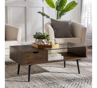 Walker Edison Montclair Mid Century Modern Two Toned 1 Drawer Coffee Table 42 Inch Glass and Dark Walnut