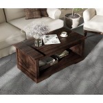 WAMPAT Modern Farmhouse Coffee Table Rectangle Wood Center Table with Open Storage for Living Room Spliced Wood Desktop Riveted Metal Bars Prismatic Decor 42 Inch Rustic Brown