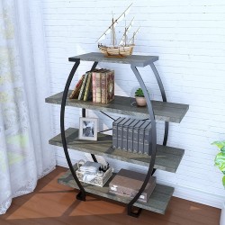 FRSTONE 4-Tier Round Iron Bookcase,Rustic Bookshelf Vintage Industrial Metal Display and Storage Tower,Gray Oak