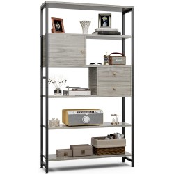 IKIFLY 6-Tier Bookcase Wood and Metal Book Shelf w 3 Sliding Door Drawers Industrial Vintage Book Shelf Unit for Bedroom Office Living Room White