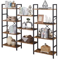 SUPERJARE Triple Wide 4 Tier Bookshelf Industrial Modern Wood Rustic Bookshelf Solid Wood and Metal Bookcase Large Hervy Duty for Living Room and Office Rustic Brown