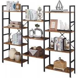 SUPERJARE Triple Wide 4 Tier Bookshelf Industrial Modern Wood Rustic Bookshelf Solid Wood and Metal Bookcase Large Hervy Duty for Living Room and Office Rustic Brown