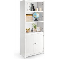 Tangkula Bookcase with Doors 3 Tier Open Book Shelving Standing Wooden Display Bookcase with Double Doors Ideal for Home Bedroom Living Room Office Library with Doors White Finish White