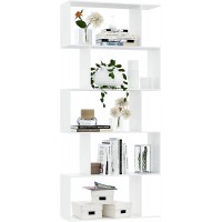Yusong 5-Tier Wooden Geometric Bookcase,Industrial S Shaped Bookshelf Display Shelf & Room Divider,Decorative Storage Shelving for Living Room,White