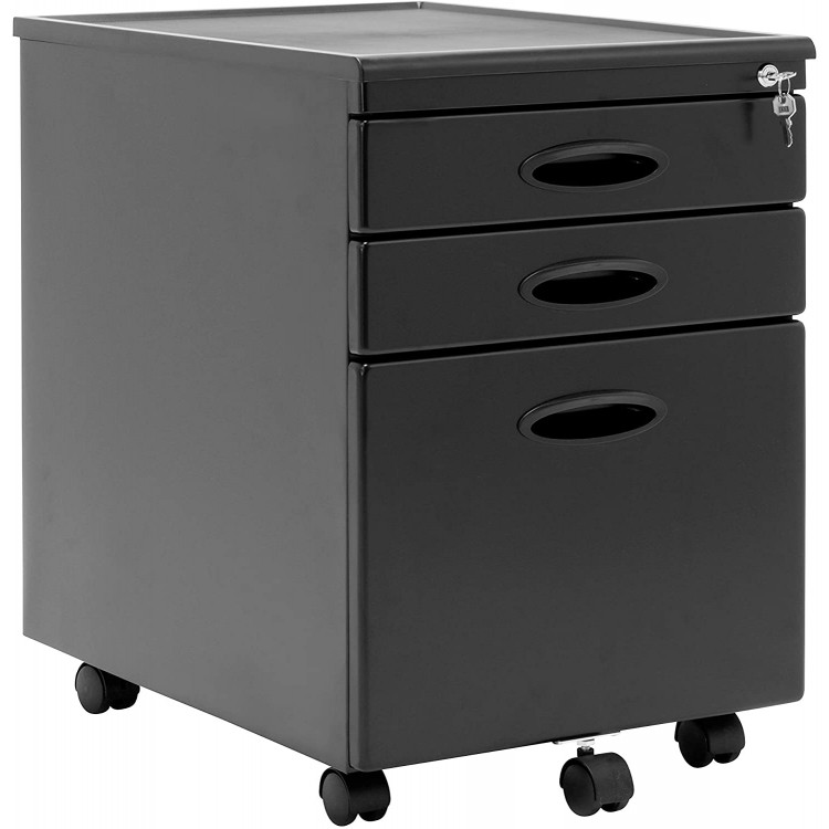 Calico Designs Metal Full Extension Locking 3-Drawer Mobile File Cabinet Assembled Except Casters for Legal or Letter Files with Supply Organizer Tray in Black