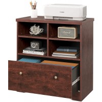 DEVAISE Lateral File Cabinet 1 Large Drawer Wood Filing Cabinet with 2 Open Adjustable Storage Shelves for Office Home Cherry