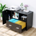 File Cabinet with Drawers and Lock Wood Lateral Filing Cabinet Rolling Printer Stand with Open Shelves for Home Office Black
