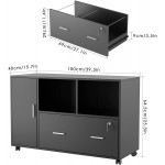 File Cabinet with Drawers and Lock Wood Lateral Filing Cabinet Rolling Printer Stand with Open Shelves for Home Office Black