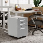 Gray 3 Drawer File Cabinet on Wheels Metal Locking Filing Cabinet with Lock Mobile File Cabinet with Hanging Frame and 2 Keys for Legal Letter A4 Size Fully Assembled Round Edge