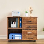 GreenForest 2 Drawer File Cabinet with Lock Wooden Lateral Filing Cabinet Mobile File Cabinets Rolling Printer Stand with Open Storage Shelves for Home Office Fit Letter Size or A4 Folders Walnut