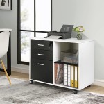 HOSFUR 3-Drawer Wood File Cabinet with 3 Locks Mobile Lateral Filing Cabinet fits Letter or Legal Size Printer Stand with Open Storage Shelves for Home Office Black & White