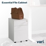 Vari Essential File Cabinet Three Drawer Filing Cabinet for Home Office Storage Letter or Legal Size Files with Rolling Casters Locking Top Drawer White