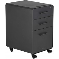 Vari File Cabinet for Office Storage with Three Drawers Mobile Pedestal for Rolling Under Desk Letter or Legal Size Hanging File Folders Roll & Lock Caster Wheels Charcoal Grey