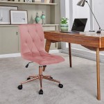 Duhome Armless Home Office Chair Velvet Tufted Computer Rolling Desk Chair with Back Golden Base,Adjustable Vanity Chair with Wheels,Pink