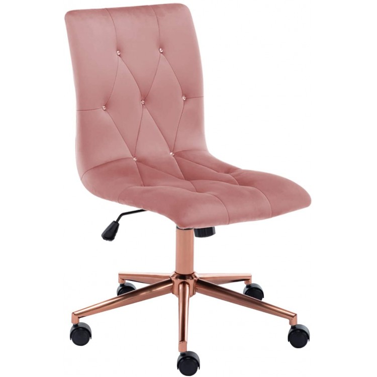 Duhome Armless Home Office Chair Velvet Tufted Computer Rolling Desk Chair with Back Golden Base,Adjustable Vanity Chair with Wheels,Pink