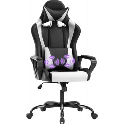 Gaming Chair Massage Office Chair Racing Chair with Lumbar Support Arms Headrest High Back PU Leather Ergonomic Desk Chair Rolling Swivel Adjustable PC Computer Chair for Women Adults GirlsWhite