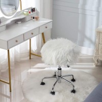 HomVent White Faux Fur Chair with Wheels Cute Modern Shaggy Faux Fur Makeup Stool,Soft Furry Compact Padded Seat Height Adjustable Home Office Desk Chair Plush Vanity Stool for Bedroom Living Room