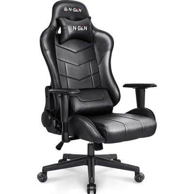 N-GEN Gaming Chair Computer Ergonomic Office Adjustable Lumbar Support Racing Style High Back Desk Headrest Swivel Executive E-Sports Video Game PC Leather Height Reclining 1. Black