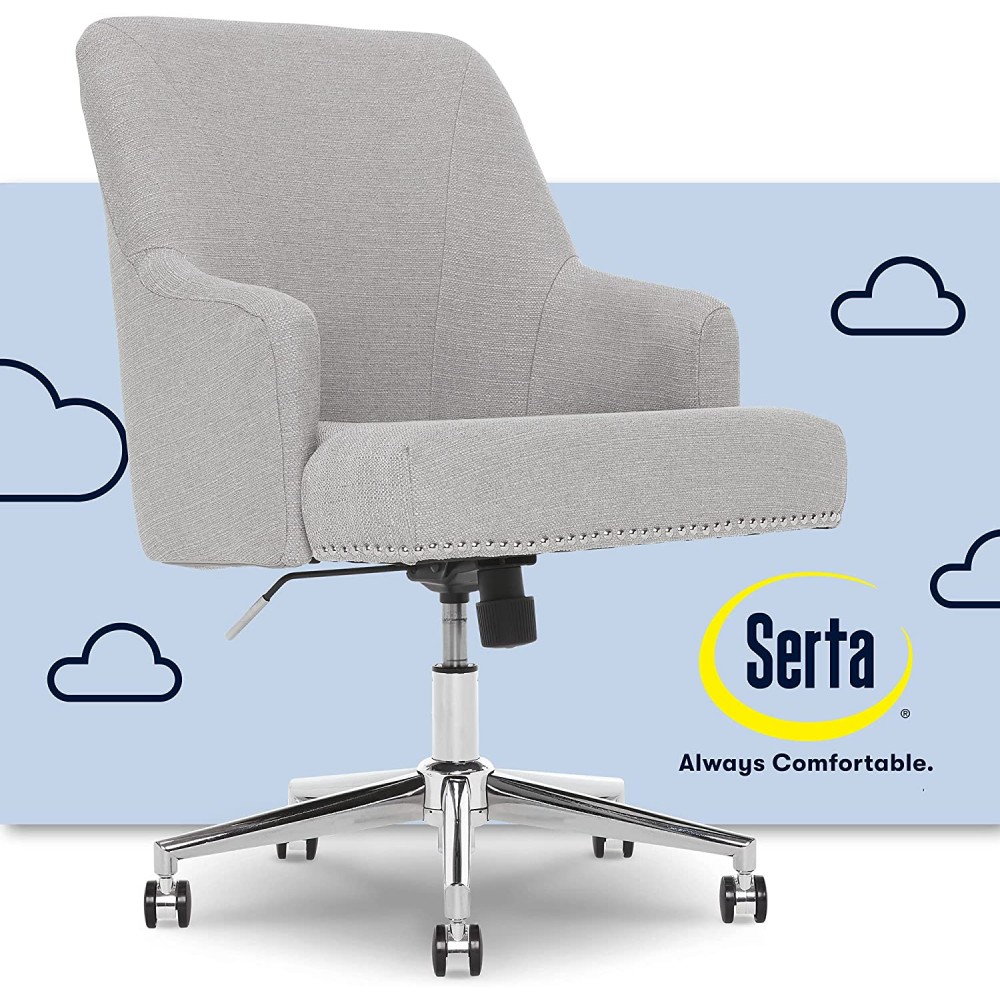 Serta Leighton Home Office Memory Foam Height-Adjustable Desk Accent Chair with Chrome-Finished Stainless-Steel Base Twill Fabric Light Gray