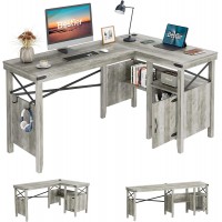 Bestier L-Shaped Computer Desk with Storage Cabinet and Bookshelf 60 x 42 Inch Convertible Corner Home Office Table Gray