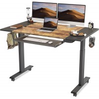 FEZIBO 55-Inch Dual Motor Height Adjustable Electric Standing Desk with Keyboard Tray Sit Stand Table with Splice Board Black Frame Black and Rustic Brown Top