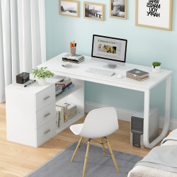 Homsee Home Office Computer Desk Corner Desk with 3 Drawers and 2 Shelves 55 Inch Large L-Shaped Study Writing Table with Storage Cabinet White