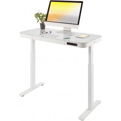 Seville Classics Airlift Ergonomic Tempered Glass Electric Sit-Stand USB Charging Height Adjustable Computer Workstation Easy Assembly Home & Office 47" Pull Out Drawer Desk Artic White