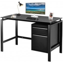 Superday Home Office Computer Desk Studying and Working Desk with Large Drawers Modern Black Glass Table and Strong Metal Frame