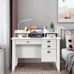 Tangkula White Computer Desk with 4 Storage Drawers & Hutch Home Office Desk Vintage Desk with Storage Shelves Wooden Executive Desk Writing Study Desk White