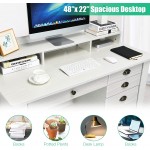 Tangkula White Computer Desk with 4 Storage Drawers & Hutch Home Office Desk Vintage Desk with Storage Shelves Wooden Executive Desk Writing Study Desk White