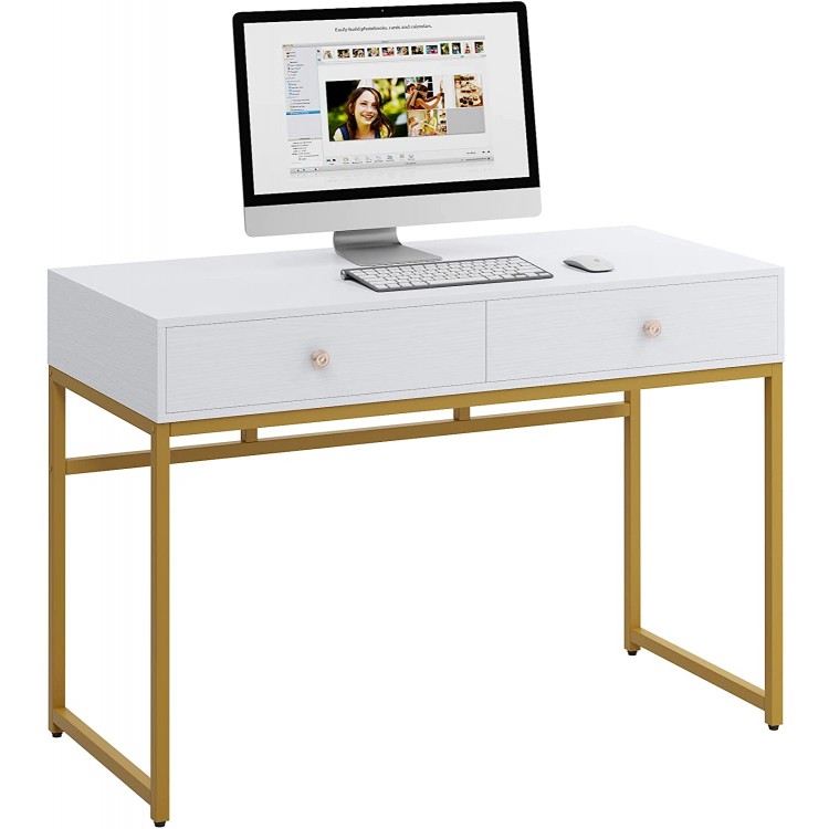 Tribesigns Computer Desk Modern Simple 47 inch Home Office Desk Study Table Writing Desk with 2 Storage Drawers Makeup Vanity Console Table White and Gold