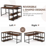 Tribesigns Reversible L Shaped Computer Desk with Storage Shelf Industrial 55 Inch Corner Desk with Shelves and Monitor Stand Study Writing Table for Home Office Rustic Brown