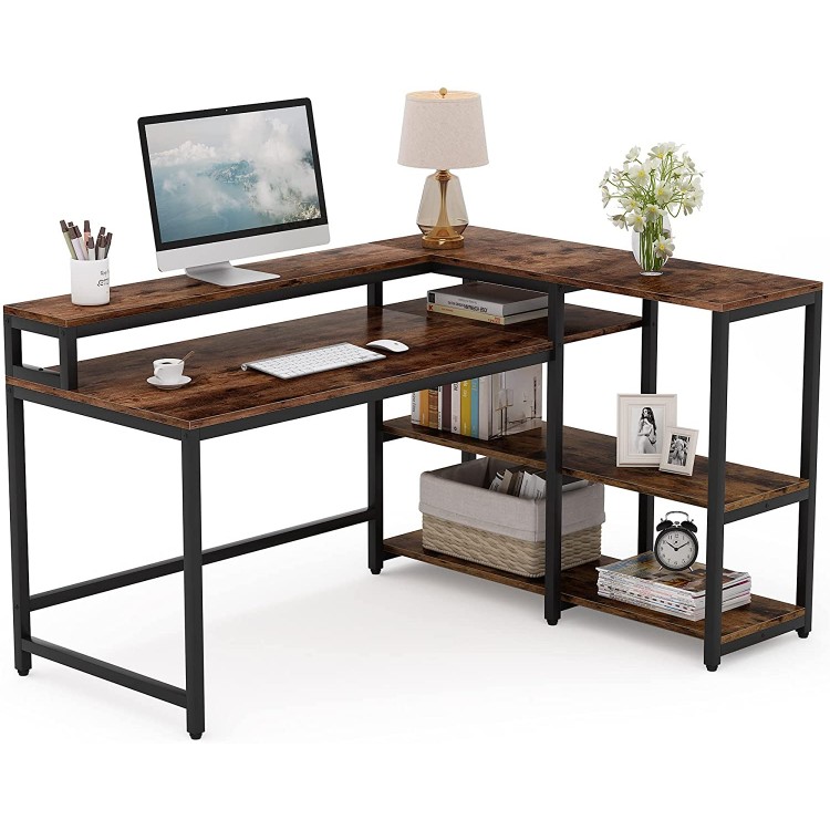 Tribesigns Reversible L Shaped Computer Desk with Storage Shelf Industrial 55 Inch Corner Desk with Shelves and Monitor Stand Study Writing Table for Home Office Rustic Brown