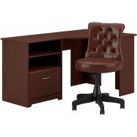 Bush Furniture Cabot 60W Corner Desk with Mid Back Tufted Office Chair in Harvest Cherry
