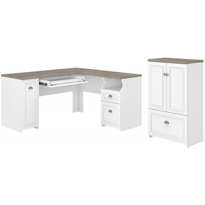 Bush Furniture Fairview 60W L Desk and Lateral File Storage Cabinet Shiplap Gray Pure White