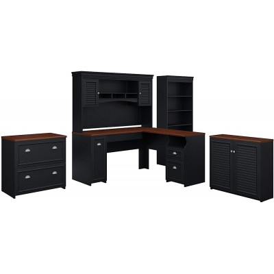 Bush Furniture Fairview 60W L Shaped Desk with Hutch Storage Cabinets and 5 Shelf Bookcase in Antique Black and Hansen Cherry
