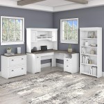 Bush Furniture Fairview L Desk Hutch Lateral File and 5 Shelf Bookcase Shiplap Gray Pure White