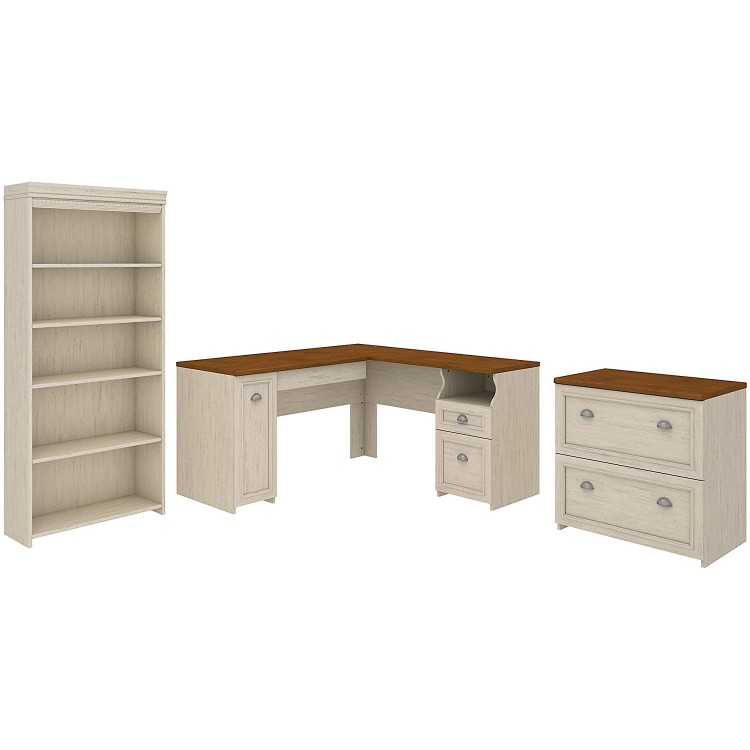 Bush Furniture Fairview L Shaped Desk with Bookcase and Lateral File Cabinet in Antique White 60W